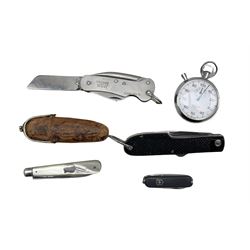 Leonidas stopwatch in chromium plated case, silver bladed and mother of pearl  fruit knife, military penknife by JBH Sheffield 1952 and two other knives