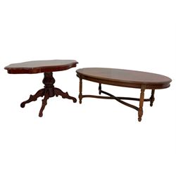 Oval cherry wood coffee table (122cm x 72cm, H43cm), and a coffee table with shaped top (100cm x 61cm, H55cm)