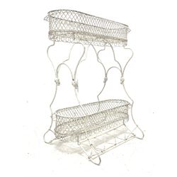 Victorian wrought iron two tier conservatory plant stand, with two removable wire work baskets W74cm