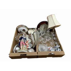 Victorian Staffordshire model of a Huntsman with dog (a/f), hock glasses, Art Deco tea wares, glass ware etc in three boxes
