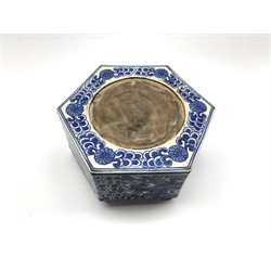 Chinese hexagonal ink stone decorated with Phoenix among scroll work in blue and white and with blue six character mark to base W15cm