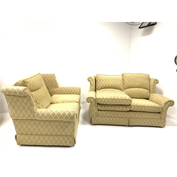 Pair two seat sofa upholstered in gold diamond fabric, W170cm