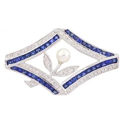 18ct white gold cultured pearl, sapphire and diamond brooch, a cultured pearl and diamond 'flower' within a calibre cut sapphire and diamond milgrain lozenge frame, stamped