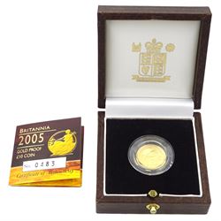 Queen Elizabeth II 2005 gold proof 1/10 ounce Britannia coin, cased with certificate