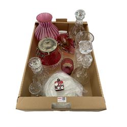 Early 20th century cranberry glass biscuit barrel, glass decanters, art glass vase etc in one box