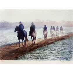 Katy Sodeau (British contemporary): 'First Lot home'; 'July Hopefuls'; 'The Next Generation'; 'A Touch of Frost', set four limited edition equestrian prints signed by the artist each 17cm x 25cm (4)