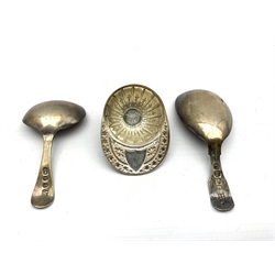 Modern engraved silver jockey cap caddy spoon by Francis Howard Ltd,  George III silver fiddle pattern caddy spoon London 1781 Maker Henry and Charles Day and another London 1801 Maker Godbehere, Wigan and Boult