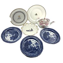18th/ early 19th century Chinese Export porcelain plate, centrally painted with a family crest and monogram, within a puce and green leaf border and reticulated rim, D24cm, Newhall teapot, 18th century French Faience plate, Coalport plate and a set of pearlware blue and white plates 
