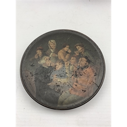 Early 19th century papier-mache circular snuff box in the manner of Stobwasser, painted with a group of men overlooking the reading of a will or testament, all of whom have their fingers to their noses D9.5cm and a 19th century papier mache cigar case  painted with two men hunting, reverse inscribed 'Souvenir' (2)