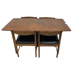 Tom Robertson for AH McIntosh & Co of Kirkaldy - mid-20th century teak extending dining table, rectangular top with rounded corners, concealed integrated double leaf, raised on tapered supports, metal label to underside of? leaf (W148cm D84cm H74cm); set of four matching chairs, with black vinyl upholstered seats (W53cm H75cm)