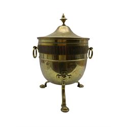 Early 20th century brass twin handled coal bucket and cover, with pierced banded body on tripod supports, H51cm 