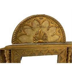 19th century gilt framed wall mirror, the demi-lune pediment carved with rope-twist border surrounding arches terminating in acorns and central stylised flower motif, the rectangular plate bordered with garland decorated arches, flanked by two spiral turned columns on each side with scroll leaf capitals