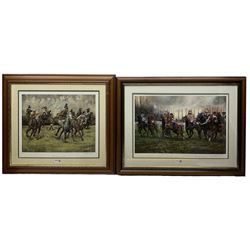 Margaret Barrett (British 20th Century): ‘Mud Sweat and Tears’ limited edition print signed and numbered 291/850 and David Dent (British 20th Century): ‘Riders on the Storm: Start of the Hennessey, Newbury’ limited edition print signed with horses names and numbered 4/380, max 35cm x 55cm (2)