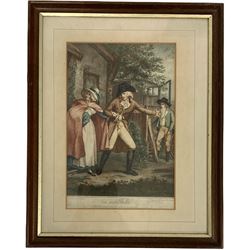 John Raphael Smith (British 1751-1812) after George Morland (British 1763-1804): 'Domestic Happiness'; 'The Elopement;' 'The Virtuous Parent'; 'Dressing for the Masquerade', four coloured stipple engravings from the Laetitia series together with Francesco Bartolozzi R.A. (Italian 1727-1815) after Sir Joshua Reynolds (British 1723-1792): 'Lady Smyth', coloured stipple engraving each 30cm x 19cm (5)