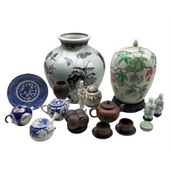 Two 20th century Chinese vases, Yixing type tea set comprising six cups & saucers and teapot, other Oriental ceramics and a carved nut vase on triform base, H13cm