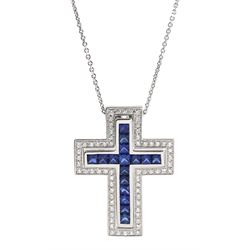 18ct white gold princess cut sapphire and round brilliant cut diamond cross pendant, hallmarked, total sapphire weight approx 1.75 carat, on silver chain