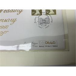 Three silver coin covers, comprising 'Golden Wedding Anniversary 1947-1997' containing Bailiwick of Jersey 1997 five pounds, 'Golden Wedding Anniversary 1947-1997' containing Great British one pound and 'HRH The Prince of Wales 50th Birthday' containing Great British 1998 five pounds