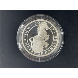 Two The Royal Mint United Kingdom 2020 'The Queen's Beasts' fine silver proof one ounce coins, comprising 'The White Horse of Hanover' and 'The White Lion of Mortimer', both cased with certificates (2)