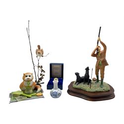 Albany Fine China, Worcester, porcelain and bronze Wren, H30cm, Border Fine Arts model 'Reaching for the High Bird' no. 108B, another Border Fine Arts model 'Perfume Bottle', miniature Copenhagen vase and a Halcyon Days enamel box (5)