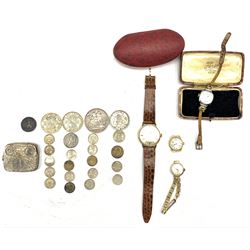Ladies wristwatch in 9ct gold case, another, Victorian 1889 crown, other coins etc