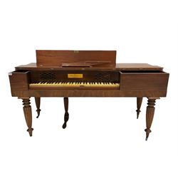 Early 19th century mahogany cased square piano by Thomas Dalmaine & Co, the lifting top revealing rosewood sound fret board, raised on turned reeded supports with castors W174cm H88cm, D68cm