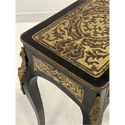 19th century French ebonised occasional table, with Boulle work top and frieze panels, single drawer, raised on cabriole supports, with ormolu mounts, W47cm, H72cm, D34cm
