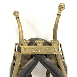Leather and brass horse collar and hames with brass plaque stamped 'God Save The Queen' with Crown finials, brass stamped 'Double Cased', H95cm