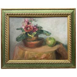 Margaret Chadwick (British 20th century): Still Life of Flower and Apple, oil on board signed 30cm x 40cm