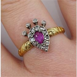 Gold ruby and diamond crown and feather design ring