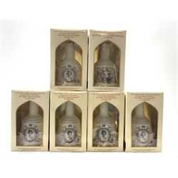 Six Wade Bells royal commemorative whisky decanters, 75cl, boxed and with contents