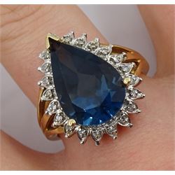 9ct gold pear shaped London blue topaz and diamond chip cluster ring, hallmarked 