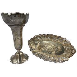 Silver trumpet vase, with shaped edge, hallmarked Stokes & Ireland Ltd, Chester 1923, H20cm, and a silver pierced oval bonbon dish, hallmarked John Gallimore, Sheffield 1895, L22.5cm (2)