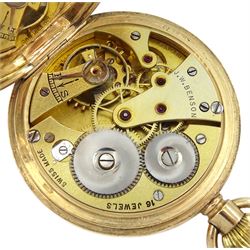 9ct gold half hunter keyless, 15 jewels lever presentation pocket watch by J W Benson, London, white enamel dial with Roman numerals and subsidiary seconds dial, London 1931