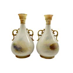 Pair of Royal Worcester porcelain twin handled vases circa 1909, each hand painted with Highland cattle, signed H. Stinton, shape number 995 H15cm 