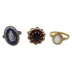 9ct jewellery including gold garnet cluster ring, pair pearl earrings, opal ring and single hoop earring, Omega manual wind wristwatch, Seiko 5 automatic wristwatch and silver jewellery
