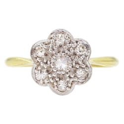Early 20th century gold milgrain set single cut diamond flower head cluster ring, stamped 18ct & PT