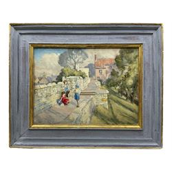 David Horner (Northern British 1913-1974): Children Playing on the York City Walls, oil on canvas unsigned, label verso 27cm x 37cm