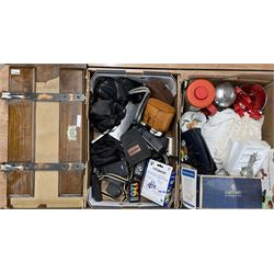 Quantity of cameras and camera accessories, Royal Worcester Evesham shell shaped dishes, vintage trouser press, Buckingham Pewter Scots Guards figure and miscellanea in two boxes