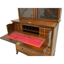 George III inlaid mahogany bookcase secretaire, projecting moulded and dentil cornice over blind fretwork frieze, enclosed by two astragal glazed doors, the chest will fall front secretaire drawer with fitted interior, three drawers below, on splayed bracket feet
