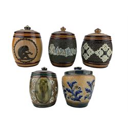 Doulton Lambeth stoneware tobacco jar and cover decorated with a monkey smoking a pipe and inscribed 'Tobacco', another by Ethel Beard with panels of monks and three other Doulton Lambeth tobacco jars (5)