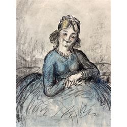 Harold Hope Read (British 1881-1959): 'The Proposition' and 'Dressed to Kill', pen ink and wash & charcoal and wash, respectively, signed, labelled verso 28cm x 22cm; 'Self Portrait', 'Interior Scene' and 'Lady at Rest', two pencil sketches and one pen and ink sketch, respectively, signed, labelled verso max 22cm x 30cm (5) (unframed)