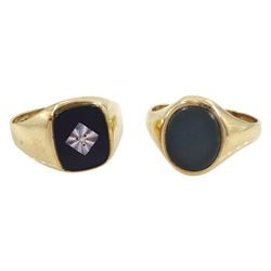 Gold bloodstone signet ring and a gold onyx and diamond signet ring, both hallmarked
