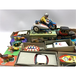 Tinplate toys including Servis fire truck, Robin steamboat, Ne-Kur Pikap Oto car, various other Ne-Kur vehicles, Pendupet motorbike, various toys  in boxes stamped 'made in USSR' etc