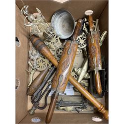 Two Indian carving forks and knives within wooden case, brass articulated and pierced cross, brass fox letter rack, old animal balling gun etc in one box