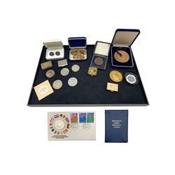 1935 silver jubilee medallion, coins, trinket boxes etc