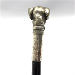 Early 20th century carved ebonised walking cane with silver-plated handle cast as dogs head, L81cm
