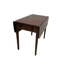 Late 19th century mahogany Pembroke table, rectangular drop-lead top with reeded edge, fitted with single drawer, raised on square tapering supports 