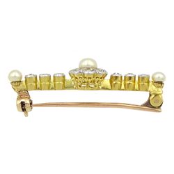 Early-mid 20th century 18ct gold and platinum milgrain set pearl and old cut diamond brooch