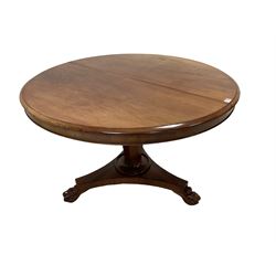 19th century mahogany circular centre table, octagonal pedestal support on triangular plinth base with paw feet