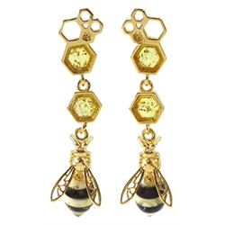 Pair of silver-gilt Baltic amber honey bee pendant earrings, stamped 925